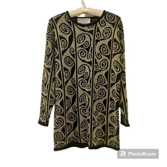 VTG Adrienne Vittadini Gold Black Glitters Wool Blend Tunic Sweater Size LG/XL - Picture 1 of 10